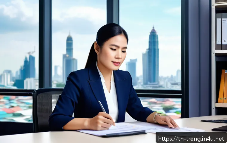 무역영어 실기 시험 케이스 분석 - A professional Thai businesswoman in formal attire, sitting at a modern office desk with internation...
