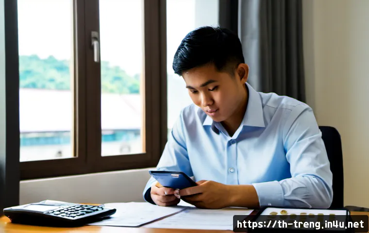 무역영어 학습에서 주의할 점 - Photorealistic Thai business student at a tidy desk in Bangkok, carefully comparing two blank intern...