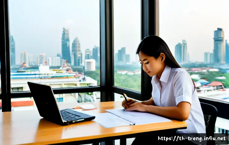 무역영어 학습과 네트워킹 - Photorealistic Thai young professional studying international trade English at a clean Bangkok cowor...