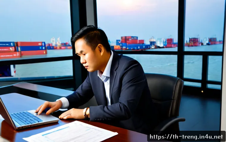 Home 17 무역영어 자격증과 직무 역량 강화 방법 - Photorealistic Thai import-export professional in a modern Bangkok office, reviewing blank shipping ...